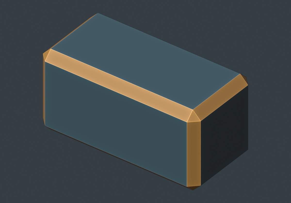直方体の面取り部分をオレンジで示したBlenderモデル